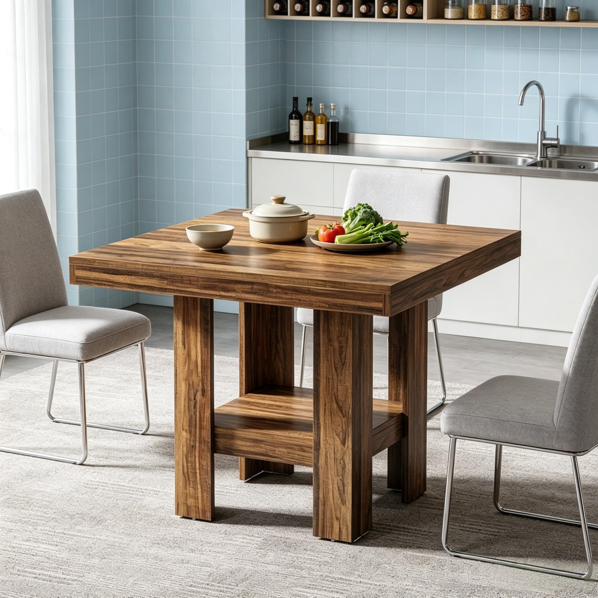 Compact Dining Table with Lower Storage Shelf, Sturdy MDF Multi-Purpose Table for 4 People Small Apartment Kitchen Office Gaming