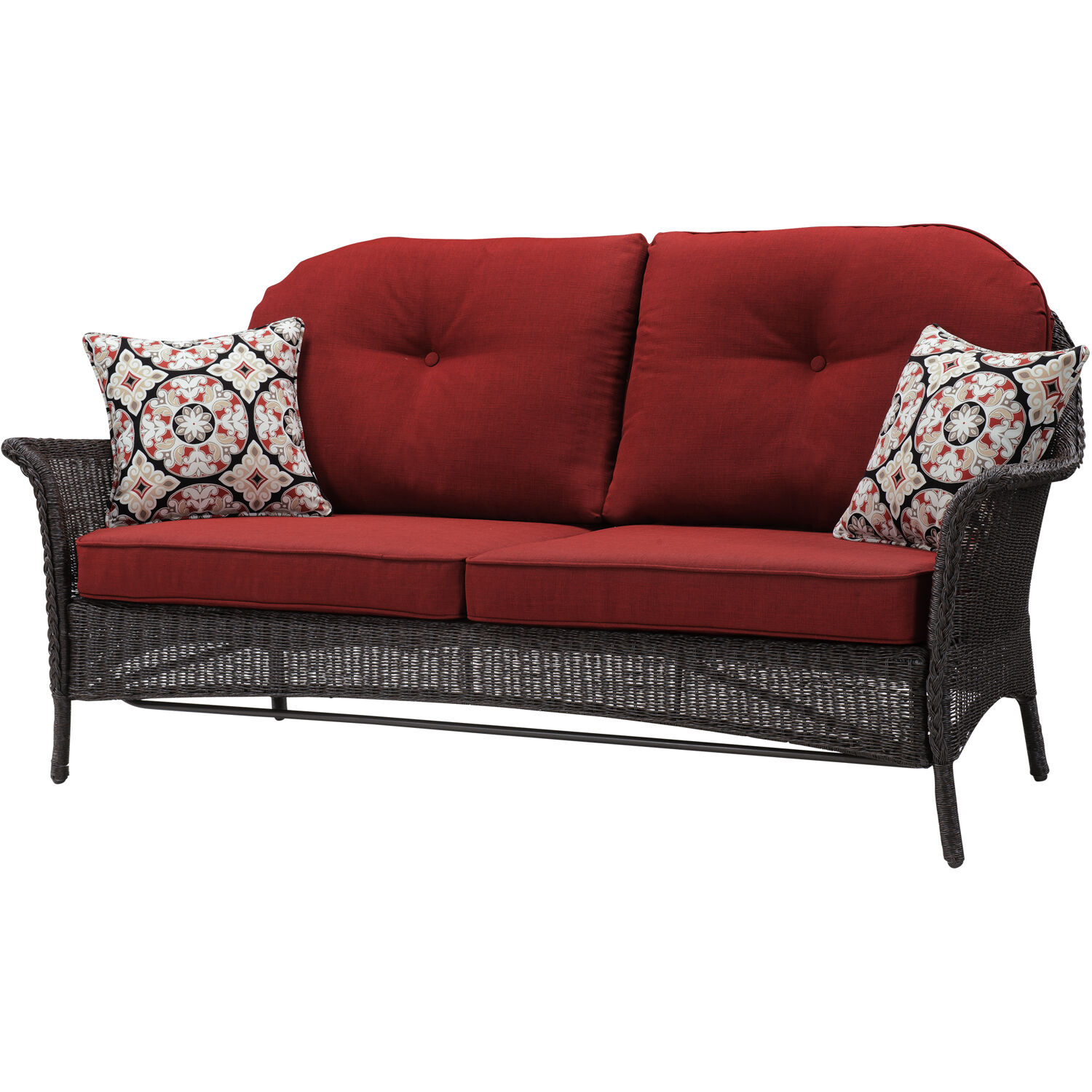 Hanover Sun Porch 4-Piece Resin Lounge Set with Handwoven Loveseat, 2 Armchairs, Coffee Table, and Plush Crimson Red Cushions - image 2 of 10