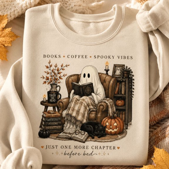 Halloween Shirt, Books Coffee Spooky Vibes Ghost Reading Sweatshirt, Just One More Chapter Before Bed Book Lover Hoodie, Cozy Fall Reader Gift