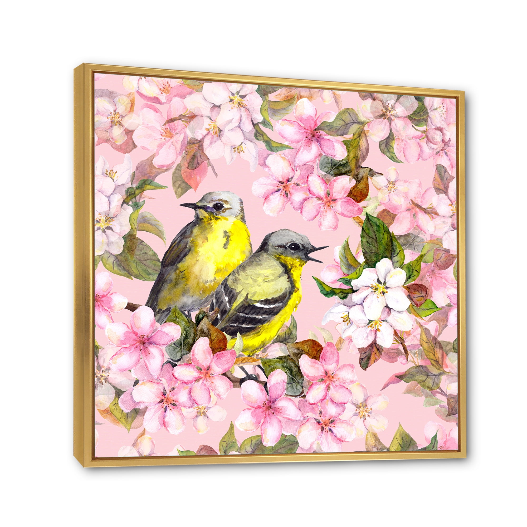 Birds On Pink Cherry Sakura and Apple Flowers I 16 in x 16 in Framed Painting Canvas Art Print, by Designart
