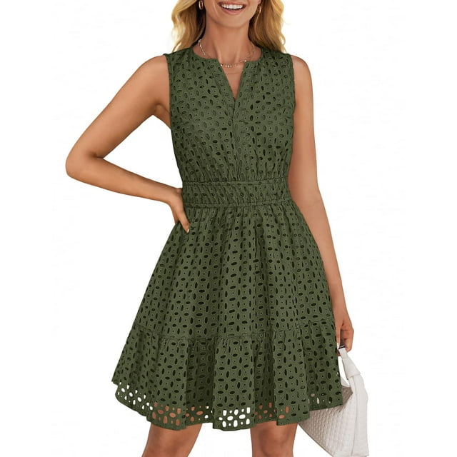 Vestido ZESICA para verano, sin mangas, cuello en V, con ojales, fiesta, color verde militar