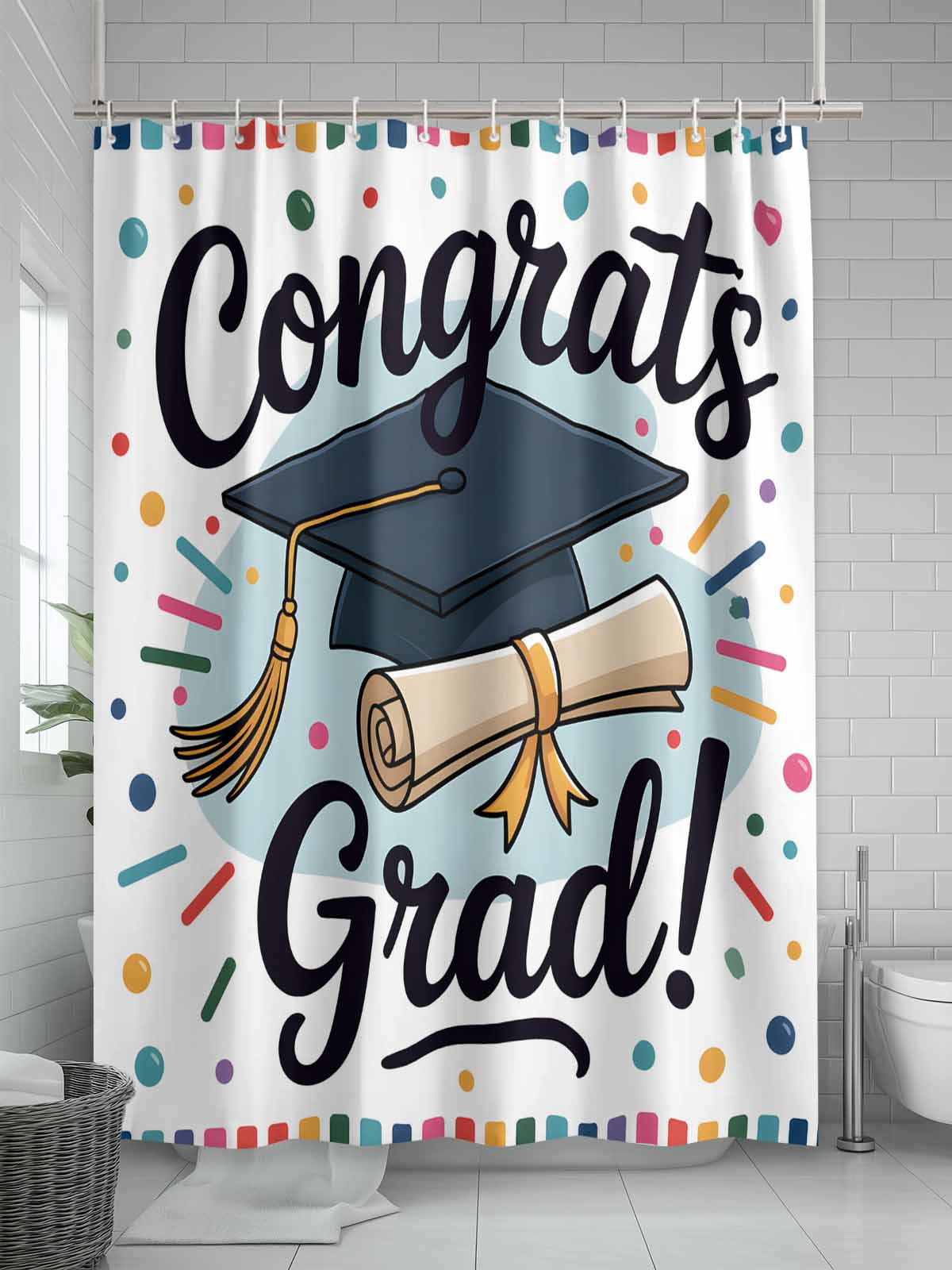 Fsddascl Black Blue Graduation Hat Shower Curtain Set - Standard 72" x 72" Washable Bathtub Curtain with 12 Hooks, Funny Words Waterproof Fabric Stall Shower Curtains for Bathroom/Bathtub Décor