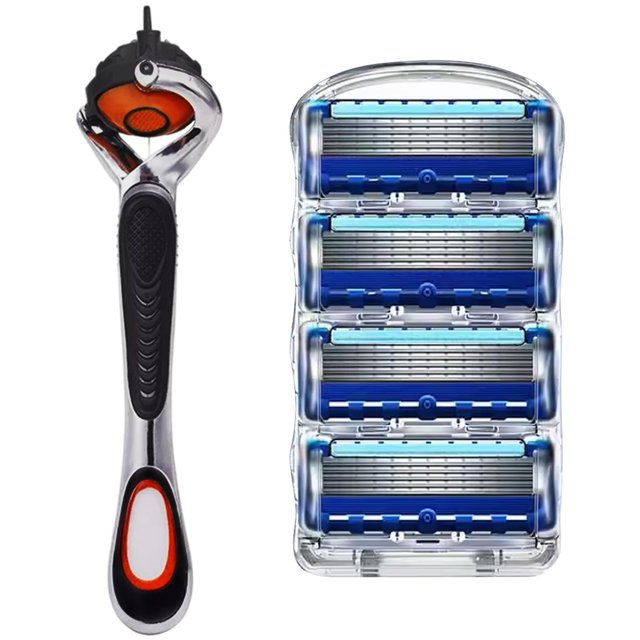 Afeitadora de Mano NinjaPro 1Paq 1x4Cartuchos 1Mango 5Hojas Cabeza Flexible Plateado/Negro/Azul Acero Inoxidable/Plástic