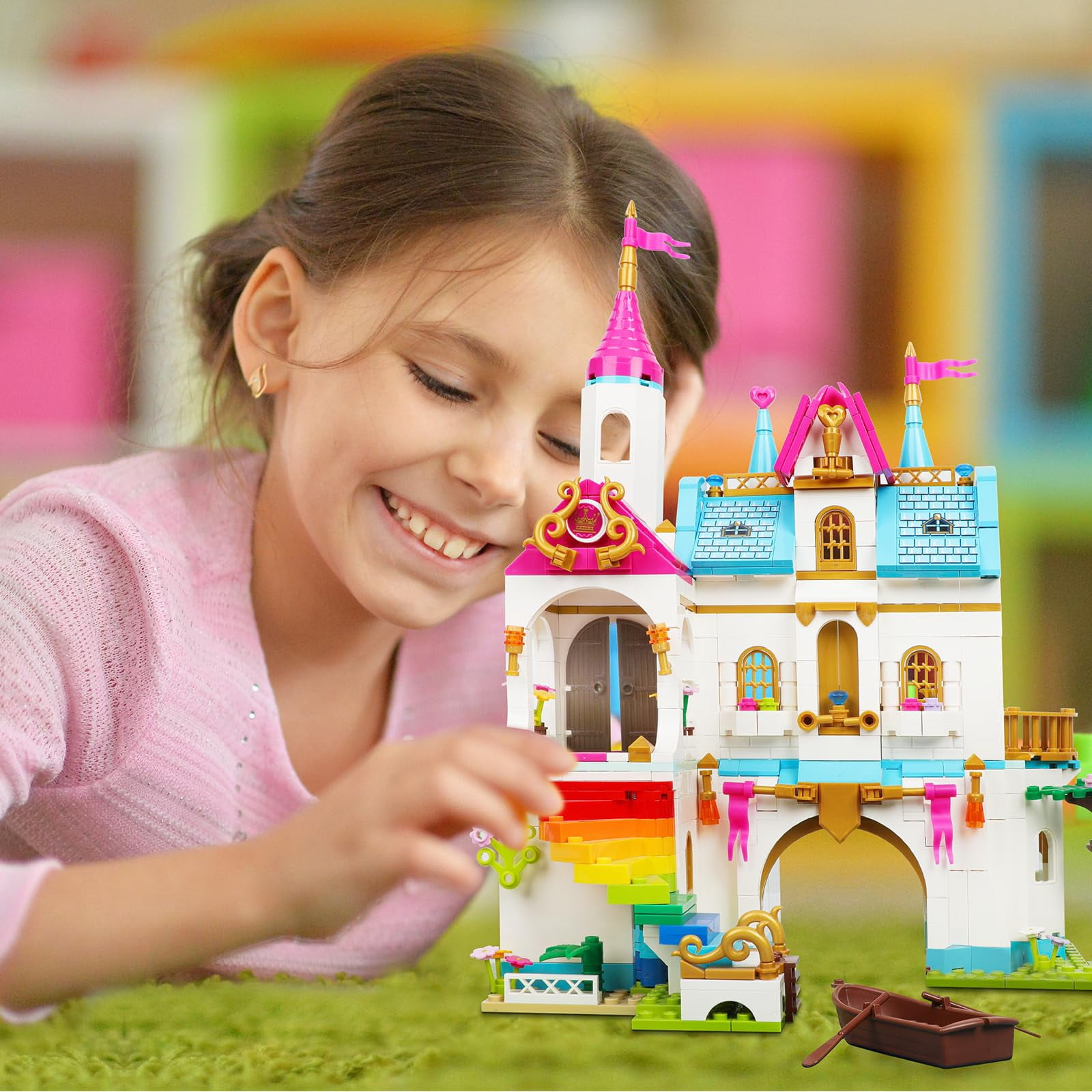 ENP Castle Building Toy Set, 577 Pcs Building Blocks Kit for Girls, Carriage Princess House Building Set, Gifts for Kids 6-12, Pink