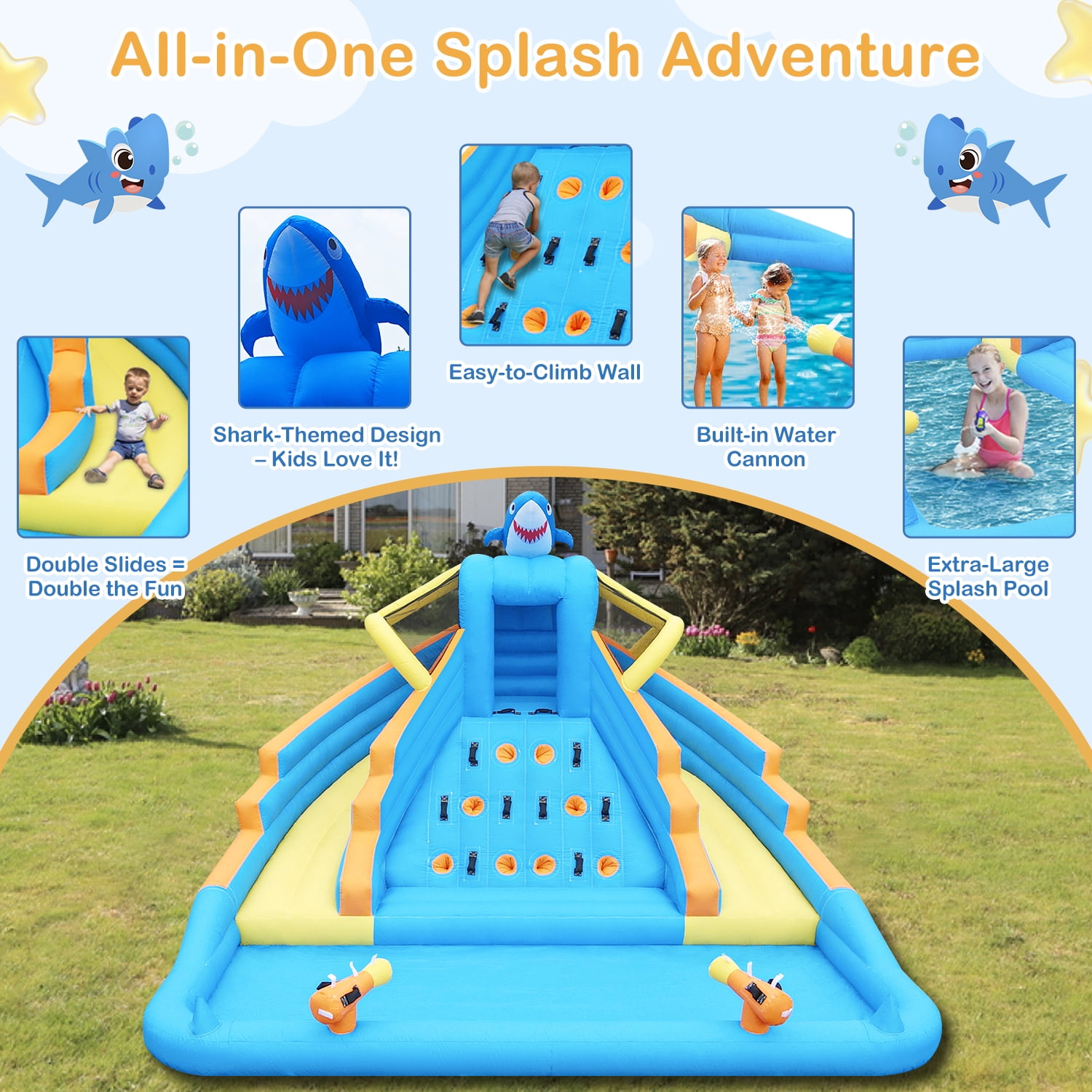 COCOFISH 13FT Shark Inflatable Water Slide for Indoor & Outdoor Use, with Dual Slides, Climbing Wall, Pool, Water Cannon and 680W Blower