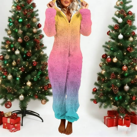 PiGOGI Women s Solid Color Long Sleeve Hooded Jumpsuit Pajamas Casual Winter Warm Romper Sleepwear Loose Hot Pink M