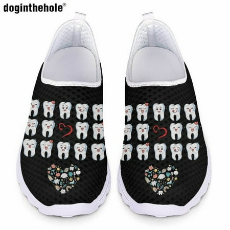 

Cartoon Teeth Print Casual Flat Shoes for Women Summer Lightweight Breathable Mesh Shoes Comfort Flat Nursing Shoes