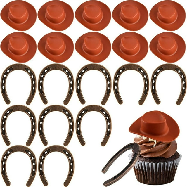 Recuerdos de fiesta con temática del oeste, mini sombreros de vaquero de plástico y herraduras de la buena suerte, centros de mesa con sombreros de vaquero A