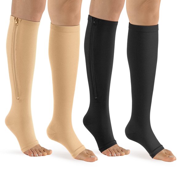 2 Pairs Open Toe Zipper Medical Sport Copper Compression Socks With Anti-slip Silicone for Women & Men Circulation 15-20 mmHg is Best Support for Athletic Running Cycling, Nursing, Travel