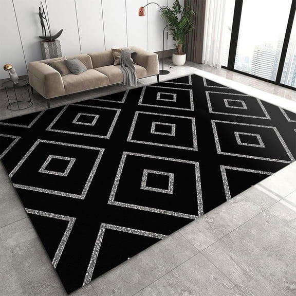 Silver Geometric Pattern Area Rug, Modern Abstract Geometric Background Large Rugs, with Anti-Slip Backing Washable Indoor Carpet for Living Room Bedroom Study Dining Room 2' x 3'