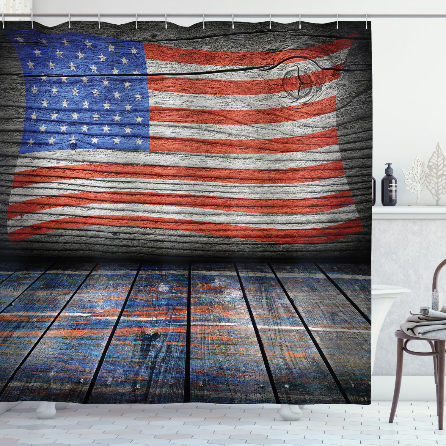 Wknoon 72 x 72 Inch Shower Curtain Set Abstract Vintage Patriotic Deer Old Forest Retro American Flag Design Art
