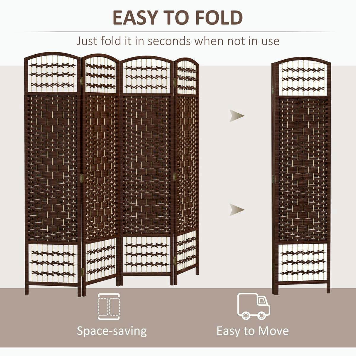 Spaco 4 Panel Folding Room Divider, Portable Privacy Screen, Wave Fiber Room Partition for Indoor as Living Room, Bedroom, Brown