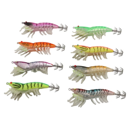 Suodoka 8pcs Shrimp Lures Luminous Silicone Realistic Bait with Sound Beads Shrimp Baits for Squid Octopus Fishing 3.5# Size Saltwater Lures 7.87 inches / 20 cm Pack Multicolor