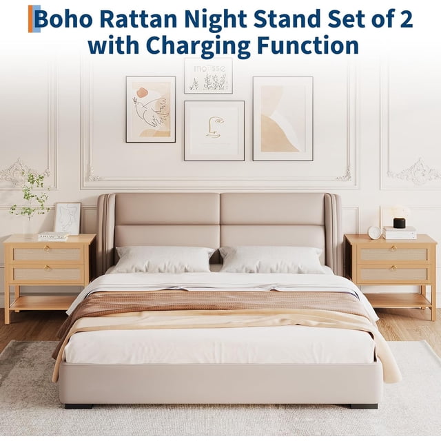 Historyli Mesita de noche de ratán estilo bohemio de 2 piezas,con 2 cajones y estante,moderna mesita de noche estilo granja,mesas auxiliares para sala de estar y dormitorio,madera de cerezo.