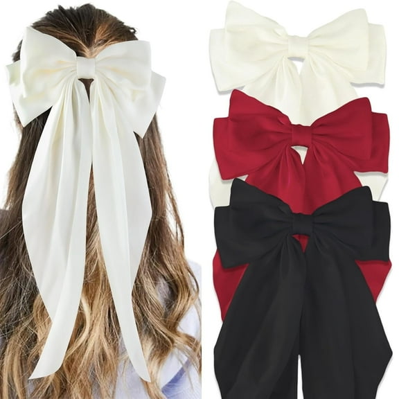 JIAYUEZHAO3Pcs Big Bow Hair Barrettes,White, Black,Red Silky Satin Large Bows Hair Clip Oversized Hair Ribbons Long Tail Big Bows Hair Accessories,7.08*14.7inch