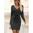 thumbnail image 6 of Women'S Long Sleeve Bodycon Sweater Dress V Neck Cable Knit Slit Midi Dresses with Belt Black S, 6 of 9