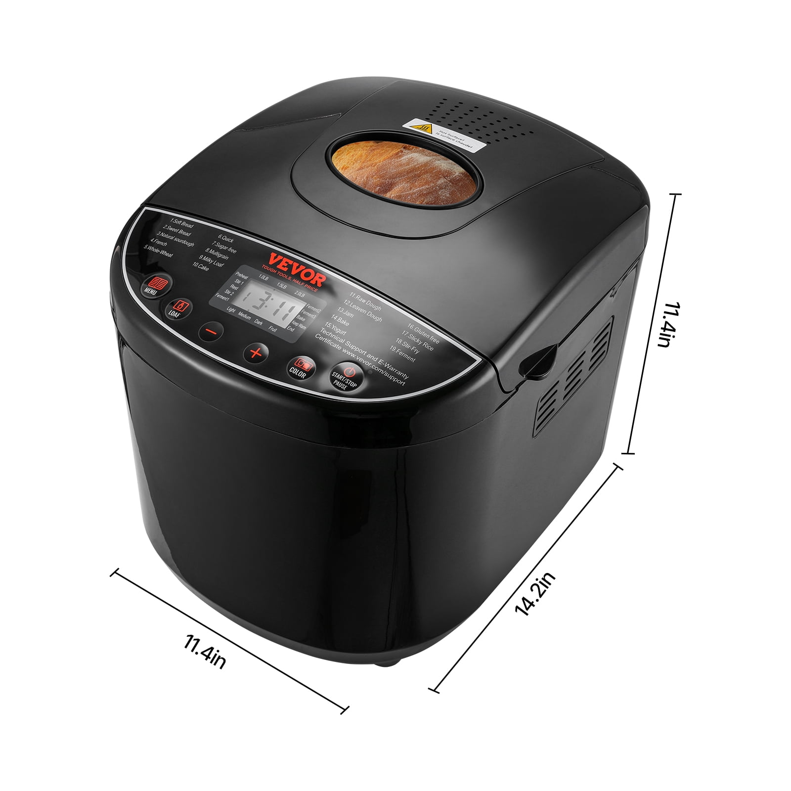 VEVOR Bread Maker, 19-in-1 2LB Dough Machine, Nonstick Ceramic Pan Automatic Breadmaker with Gluten Free Setting, Whole Wheat Bread Making, Digital, Programmable, 3 Loaf Sizes, 3 Crust Colors