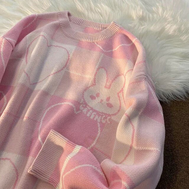 Chandail en Molleton Tricoté Motif Lapin Dessin Animé Chaud Ample Surdimensionné Femmes Harajuku kawaii Rétro Mignon Col Rond Chandail FGS