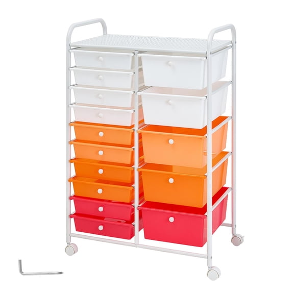 KFFKFF Rolling Cart with Drawers, Double Row 15-Drawer Storage Organizer, Mobile Utility Cart with Steel Frame, Swivel Casters & 2 Brakes, Ideal for Office, Classroom, Craft Room, Studio,Gradient Red