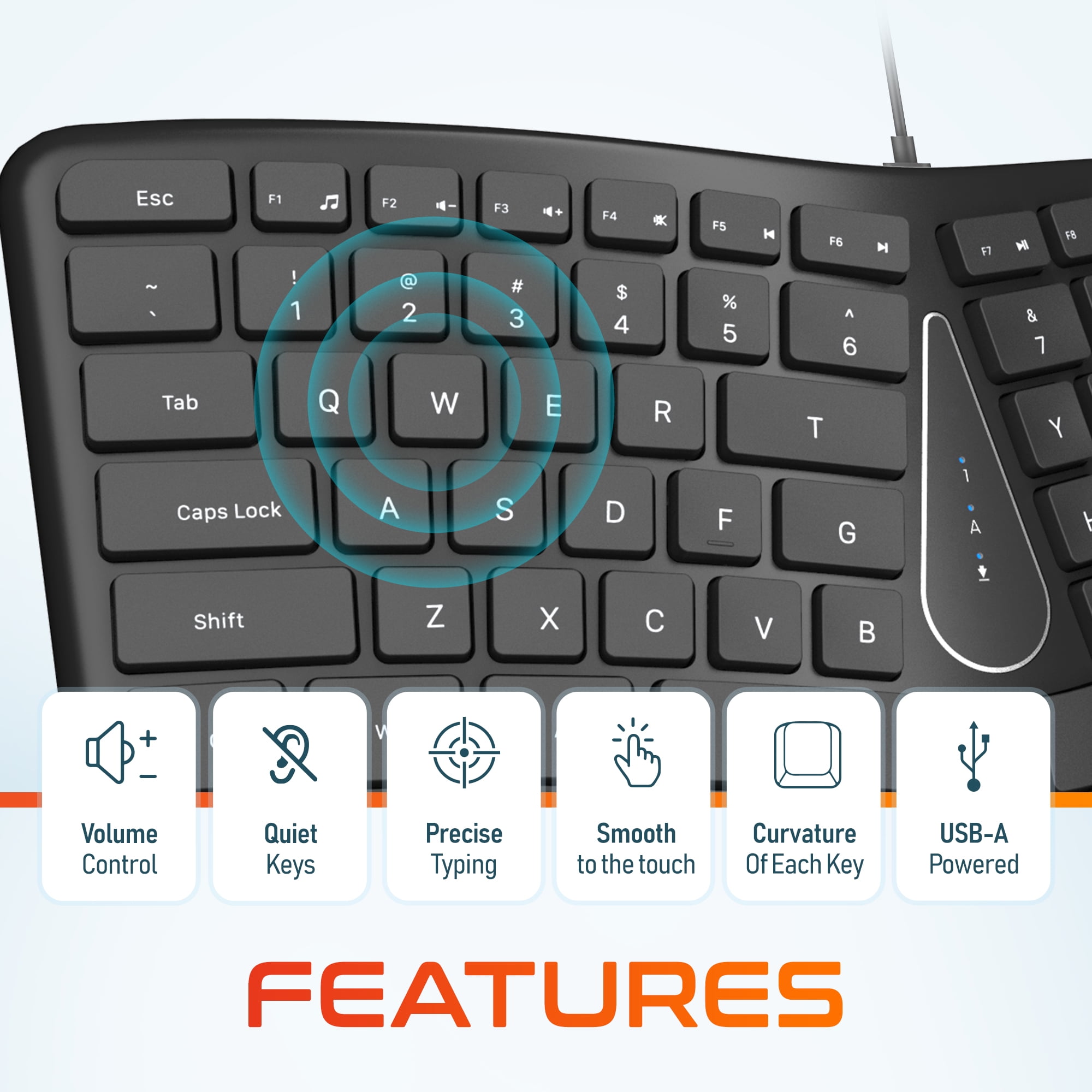Delton KB250 Ergonomic Wired Keyboard, Curved Keyboard with Wrist and Palm Rest, Natural Typing Full-Size Split Computer Keyboard, Compatible for Laptop/PC/Tablets/iMac - Black