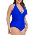 thumbnail image 5 of Ocean Blue Tummy Control Women's Swimwear Halter One Piece Swimsuit For Women Deep Plunge Sexy V neck Ruched One Piece Bathing Suit, 5 of 8