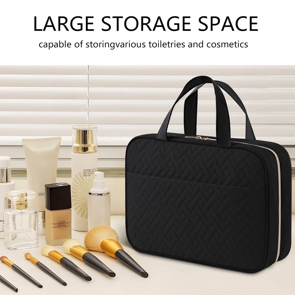 SEHYRTTI Travel Toiletry Bag for Women, Makeup Bag Large Capacity with 4 Layers, Foldable Hanging Organizer,Compact & Leak-Proof Black Design, Gift for Women
