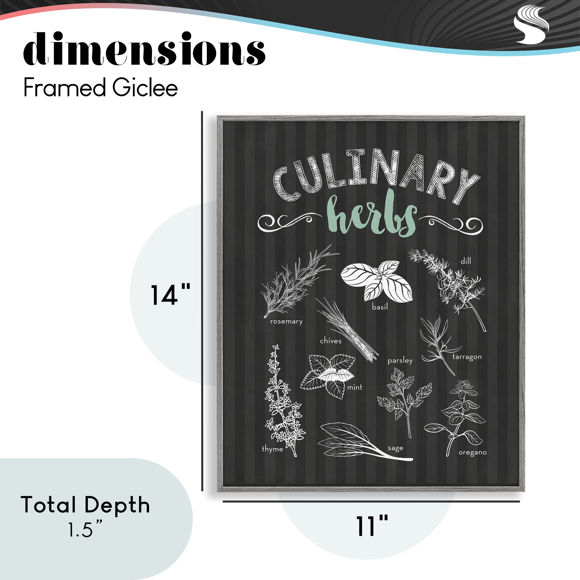 Culinary Herbs on Stripes Gray Framed Giclee Art, design by Lettered and Lined