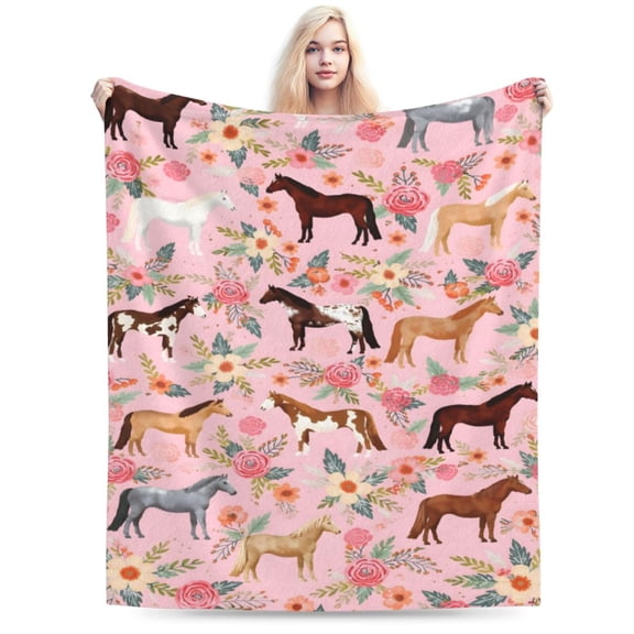 Horse Blanket Gifts for Girls Women Western Horses Flowers Print Fleece Flannel Throw Blankets Soft Lightweight Animal Plush Stuffed Pink Throws for Adults Bed Sofa Decor 50x40