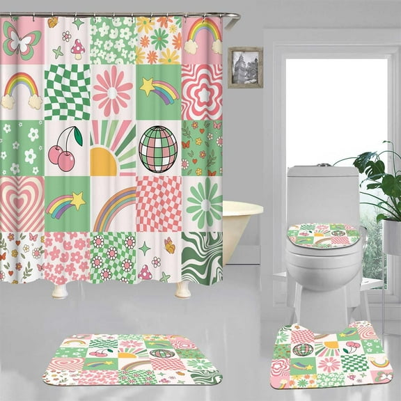 4PCS Shower Curtain Sets with Rugs, Waterproof Fabric Shower Curtain, Checkered Checkerboard Disco Rainbow Flower Butterfly 70S Retro Cute Abstract Funky Boho Aesthetic Bathroom Decor