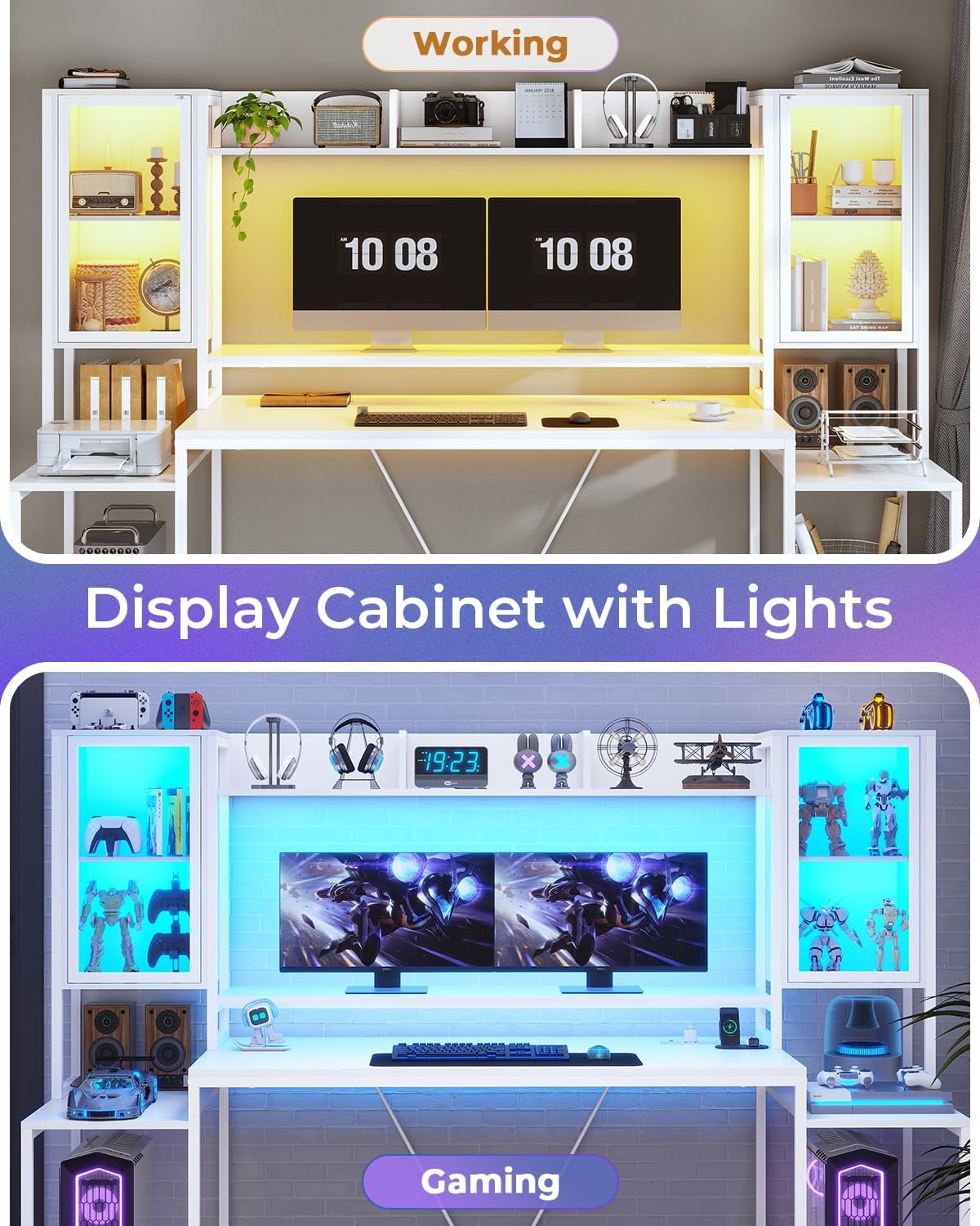 Gaming Desk 74.8'' with LED Lights, Hutch and Storage Shelves, Computer Desk with Monitor Stand, Large PC Gamer Desk Workstation, Ergonomic Gaming Table for Bedroom, Living Room, White