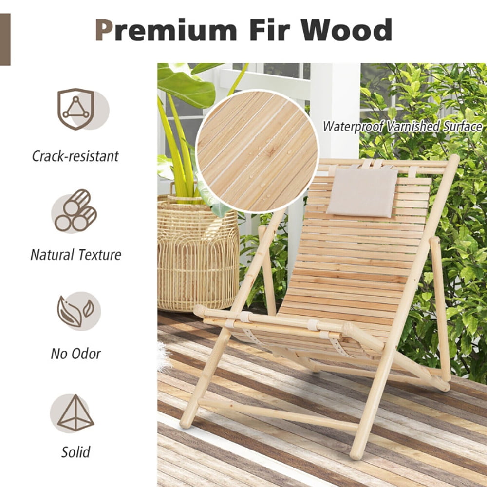 Aimee Lii Solid Fir Wood Lounge Chair with 3-Level Adjustable Backrest and Soft Padded Headrest, Patio Loungers, Natural Aimee Lii Solid Fir Wood Lounge Chair with 3-Level Adjustable Backrest and Soft Padded Headrest, Patio Loungers, Natural