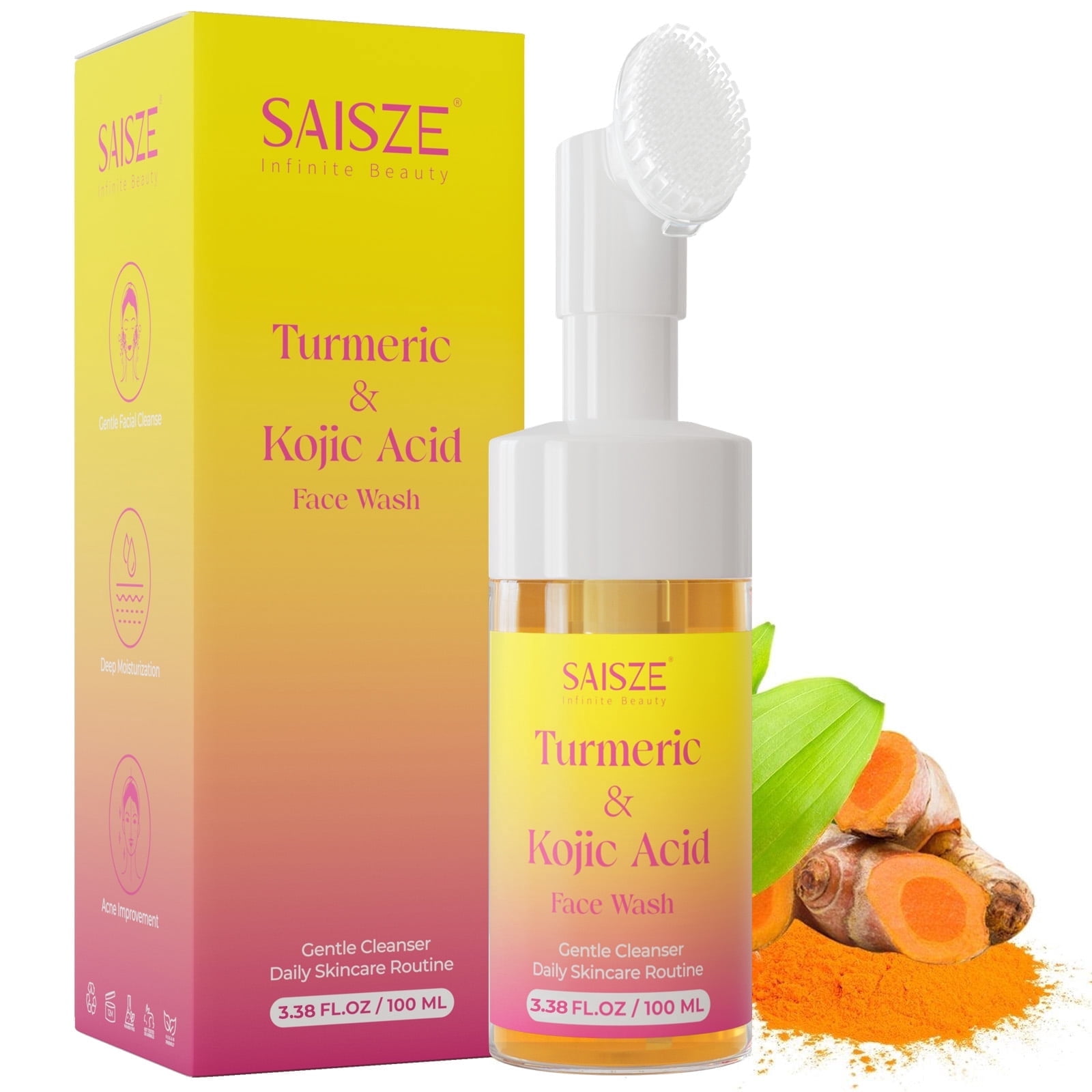 SAISZE Turmeric Face Wash with Kojic Acid and Cleansing Brush, Gentle Foaming Facial Cleanser for Daily Use, 3.38 fl oz (100 ml)