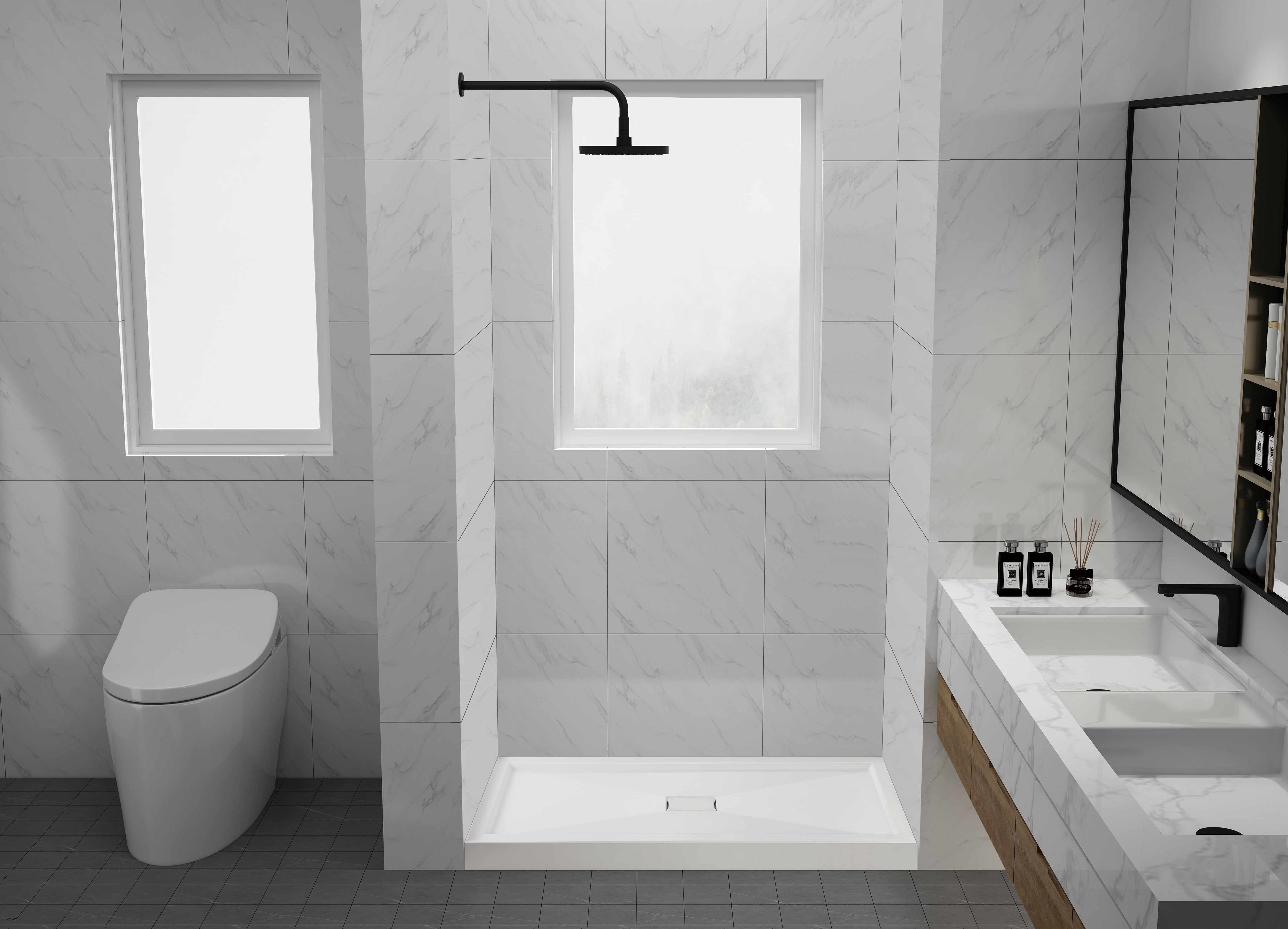 Aqua Eden VTSB60325C Dominica 60" x 32" Single Threshold Shower Base with Center Drain Hole, White