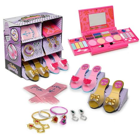 Princess Dress Up Role Play Makeup Set WASHABLE with Mirror and Includes 4 Shoe sets 2 sets of Tiaras Jewelry Boutique NON TOXIC