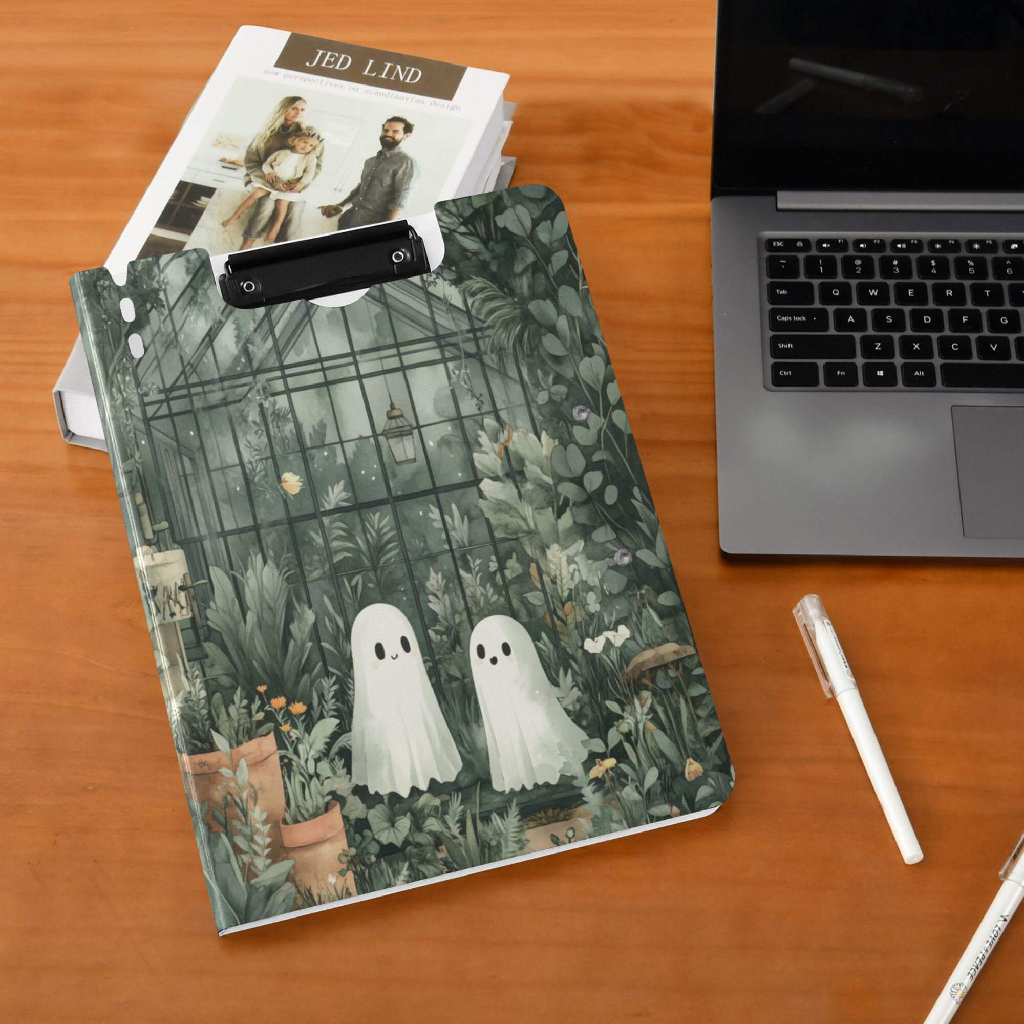 FORMRS A4 Clipboard Folder with Pen Holder Horizontal Foldable School Office Binder, Cute Ghosts Playing