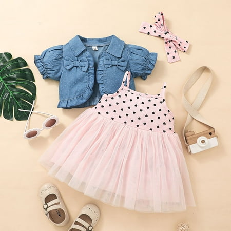 

Baby Girls 6M-3Y Ruffles Bowknot Denim Coat Tops Heart Printed Tulle Suspenders Princess Dress Headbands Outfits