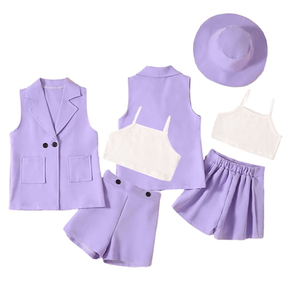 KYAIGUO 4PCS Baby Girls Blazer Outfits 2-9 Years Sleeveless Suit Vest Camisole Tops Shorts hat Set Summer Set for Kids