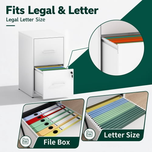 2-Drawer Lockable Metal File Cabinet with Anti-Tip Kit, Vertical Under Desk Steel Filing Cabinet with Adjustable Hanging Rails, White