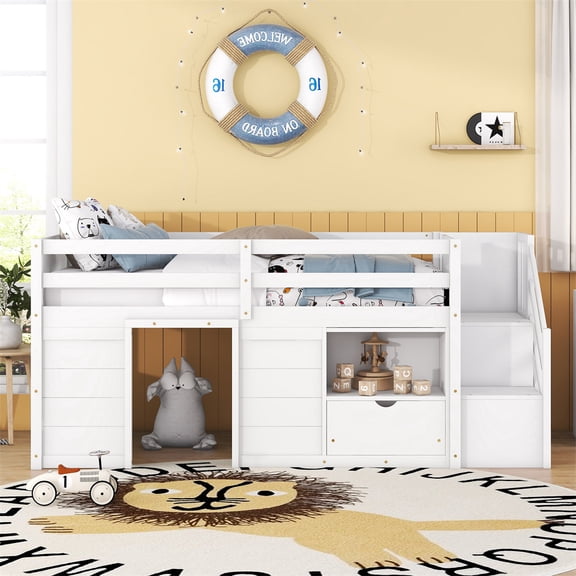 Triple Tree Kids Twin Size Loft Bed with Storage Stair, Drawers and Self, White