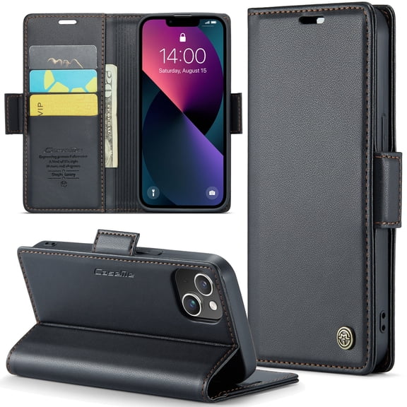 Compatible with iPhone 13 Wallet Case, PU Leather Flip Case with Card Holders RFID Blocking Stand [Shockproof TPU Inner Shell] Phone Cover for iPhone 13, Black