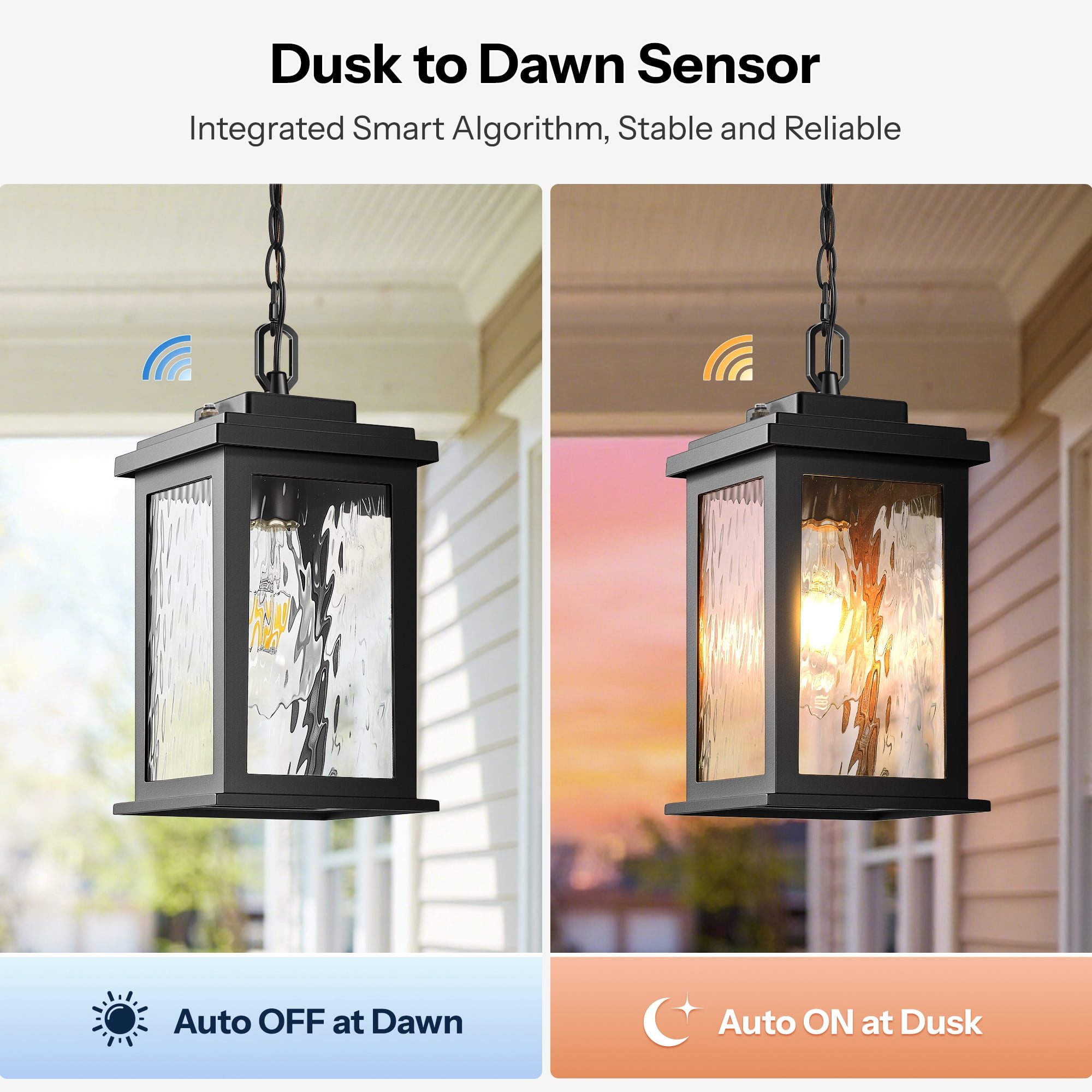 Gleamz Black Dusk to Dawn Outdoor Pendant Lights with Water Glass, Adjustable Chain Waterproof Hanging Porch Light, Outside Chandelier for Porch, Patio, Driveway