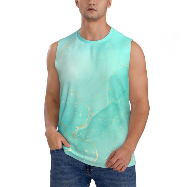 Fotbe Cyan Mint Marble Men's Camiseta sin Mangas Estampada para Hombres, Playera Casual para Gimnasio, Entrenamiento, Playa-Medium
