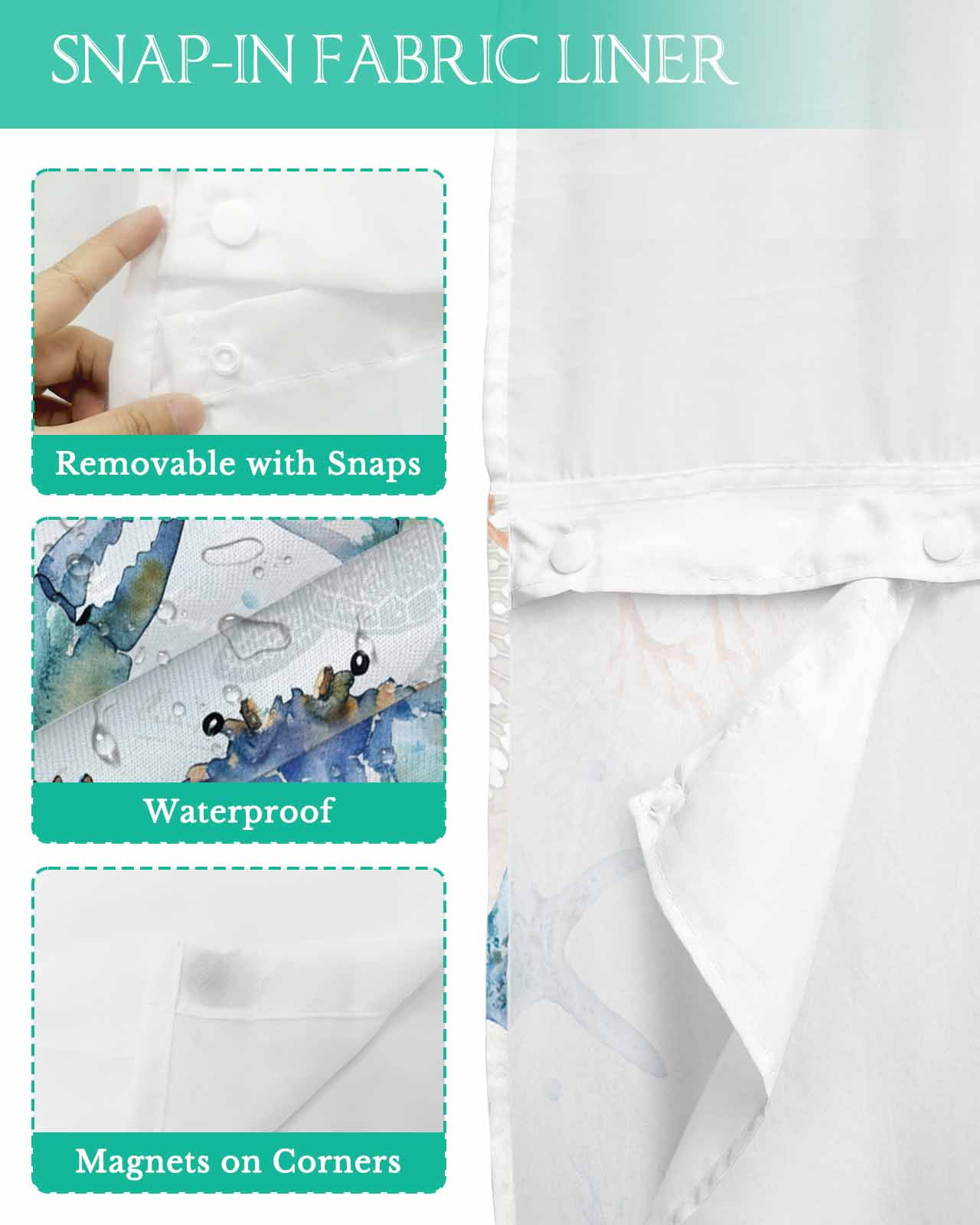 No Hook Shower Curtain with Snap in Liner, Summer Blue Ocean Crab Starfish Coral Jellyfish Watercolor Shower Curtains for Bathroom, Washable Shower Curtain Liner Set with Mesh Top Window, 48"x72"