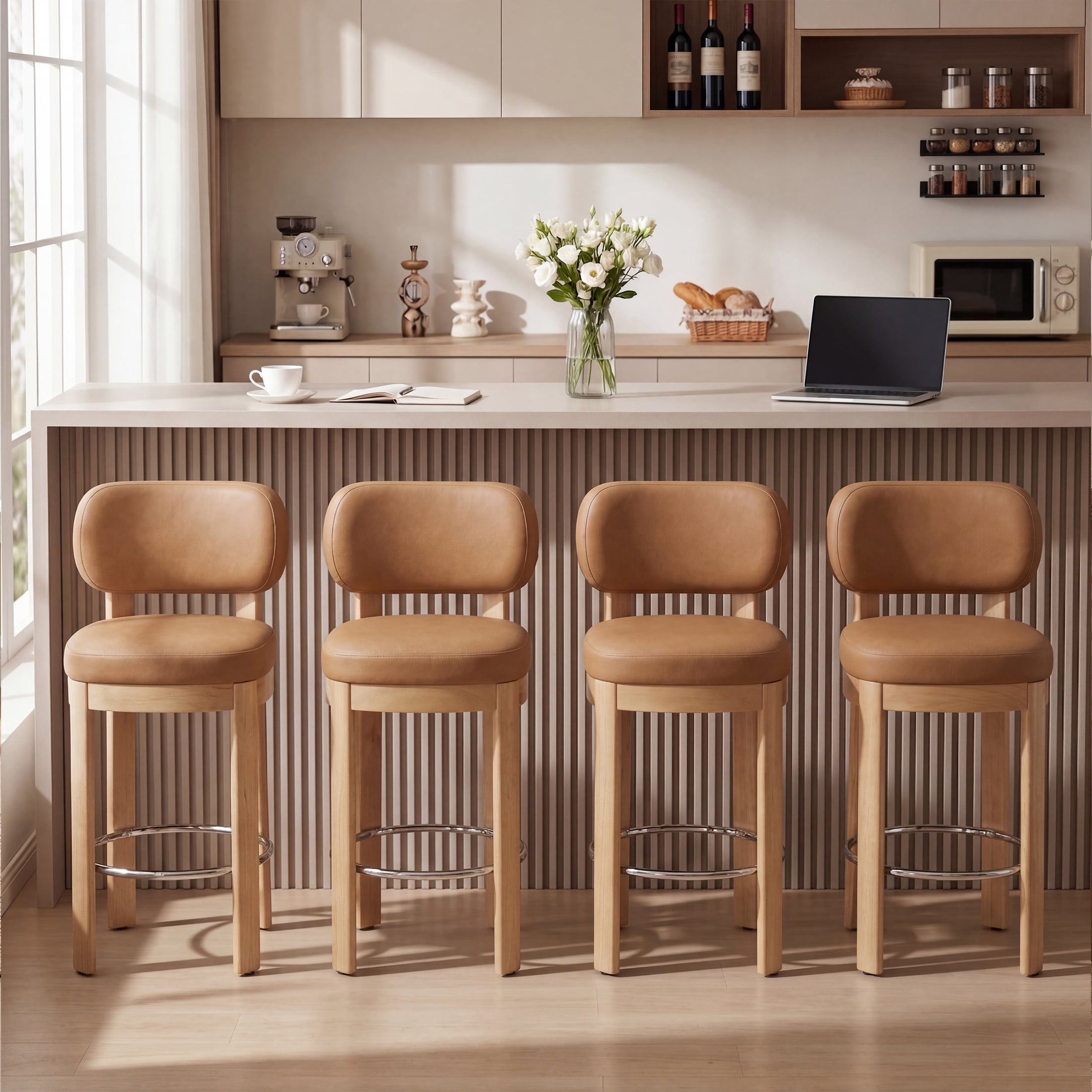 Guyou 26" Bar Stools Set of 6, Modern PU Upholstered Counter Height Bar Stools, Farmhouse Armless Bar Chairs with Solid Wood Legs & Padded Back for Kitchen Island/Dining Room Bar, Brown