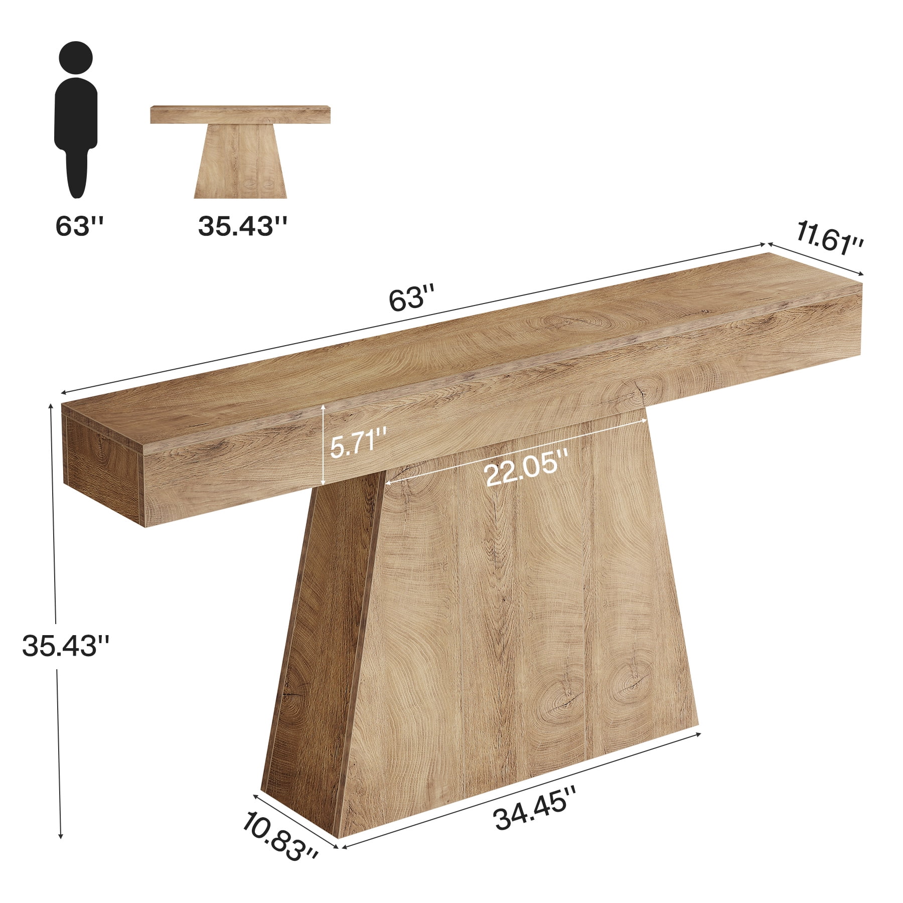 Fnova 63" Farmhouse Console Table, Narrow Wooden Entryway Table, Geometric Base Sofa Table for Living Room, Hallway, Light Brown