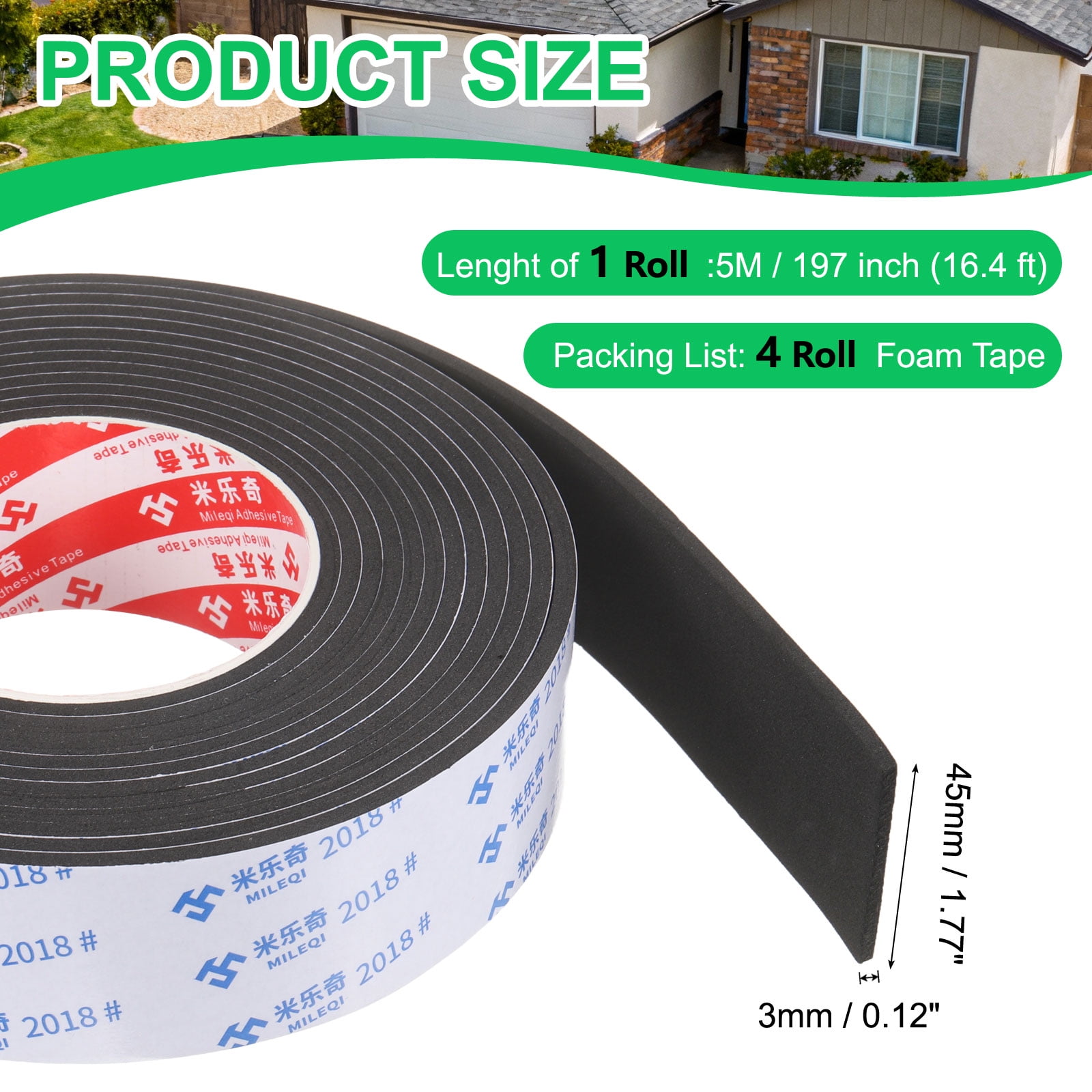 Uxcell 4Roll Sponge Rubber Foam Tape, 1 3/4" W x 1/8" t x 16.4ft l Self-Adhesive Foam Insulation Tape Weather Stripping for Window Door Soundproofing Weatherstrip AC Seal Strip, Black