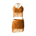 thumbnail image 4 of DHFJKG Skirt Set Women 2 Piece Outfits Latin Tango Halter Sparkly Sequin Tassels V Neck Side Tie Crop Top Mini Skirts Party Dance Wear Soft Outfit, 4 of 5