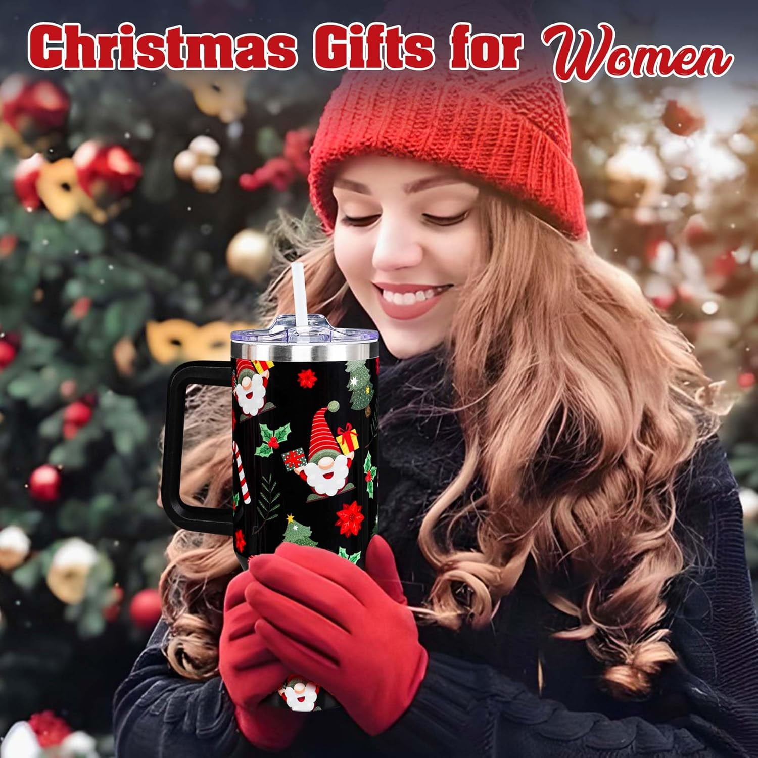 Christmas Gifts for Mom, 40 OZ Christmas Tumbler with Handle and Straws, Merry Christmas Insulated Tumbler Cup, Xmas Gifts for Men, Women, Family, Grandma, Aunt, Nurse, Teacher, Coworker