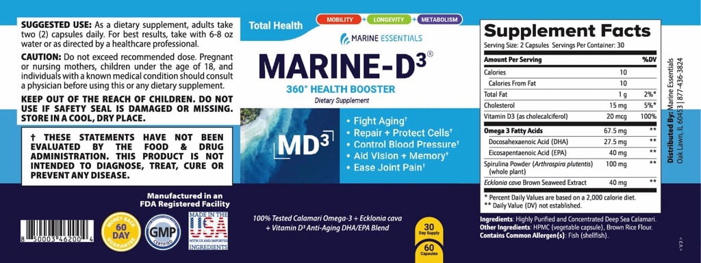Marine Essentials - Marine-D3 Dietary Supplement - Omega 3 Fatty Acids - DHA/EPA -  Promote Increased Energy
