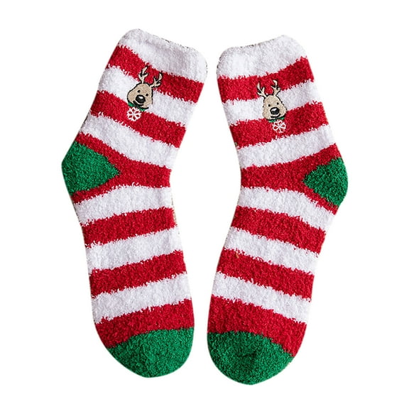 Odeerbi Christmas Socks Woman's Girls Christmas Cute Coloer Stripe Santa Claus Print Thicken Coral Fleece Keep Warm Socks Black